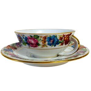 Limoges France Floral Porcelain Teacup Saucer Set of 2 Pink Blue 817 Bridgerton